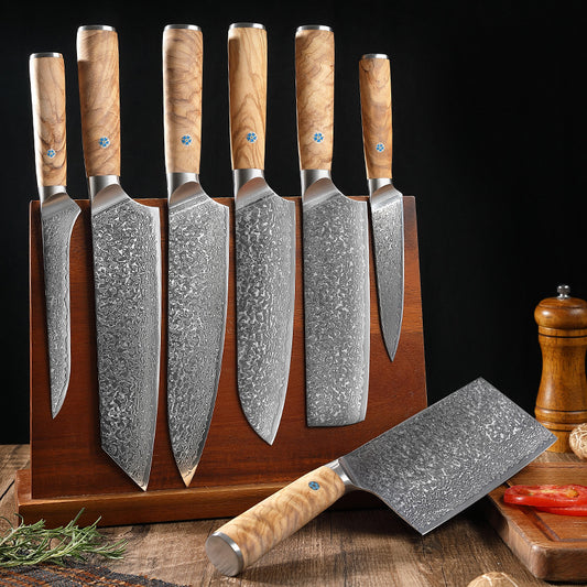 High Carbon Damascus Japanese Kitchen Knife Set, Olive Wood