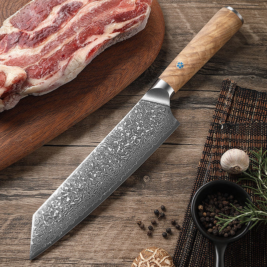 7.9-Inch Japanese Damascus Kitchen Kiritsuke Knife, Olive Wood
