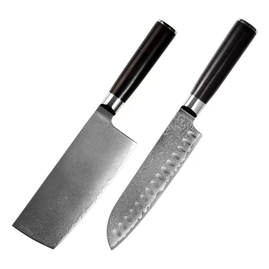 2 Pcs Japanese Kitchen Knife Set, Damascus Steel, Ebony