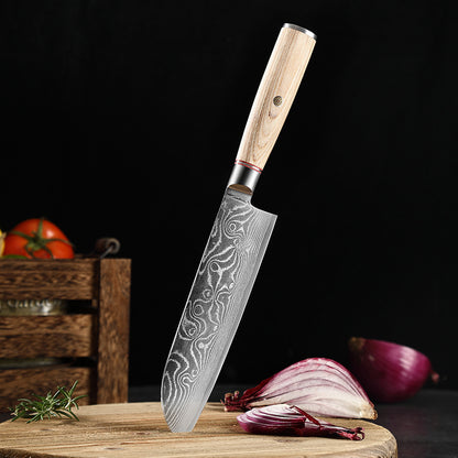 Blonde Series 7-Inch Santoku Knife, Damascus Steel, Wood, BS1101