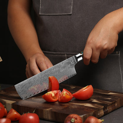 Cuchillo japonés Nakiri de Damasco con mango de resina azul de 7 "