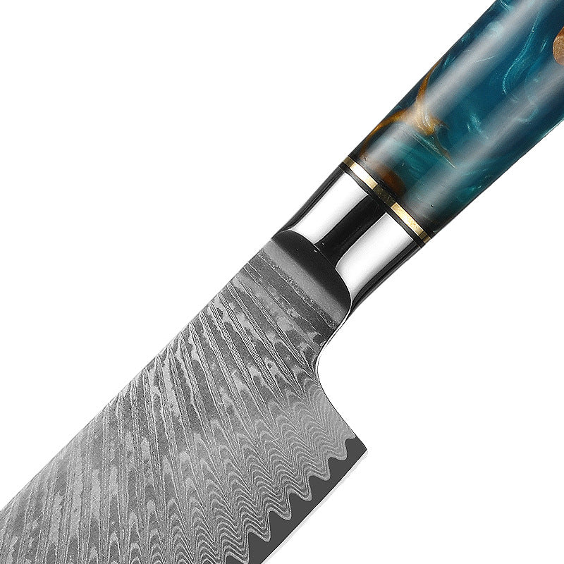 Cuchillo Santoku de Damasco con mango de resina azul de 7 "