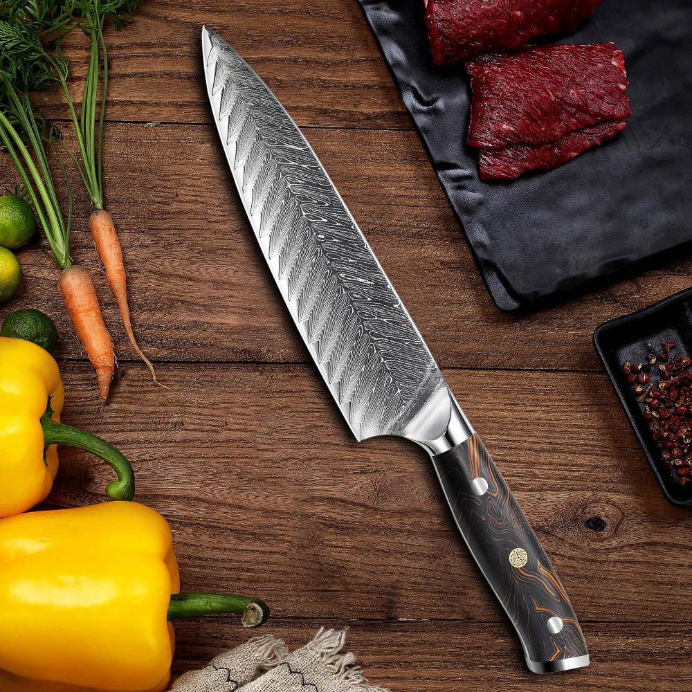 Cuchillo de chef Damasco con diseño de espiga de 8 "con mango G10