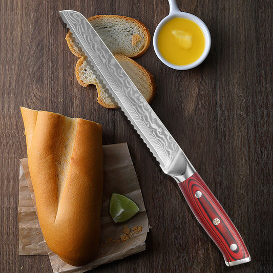 8.3-Inch Bread Knife, Damascus Steel, G10, Red, DE1104