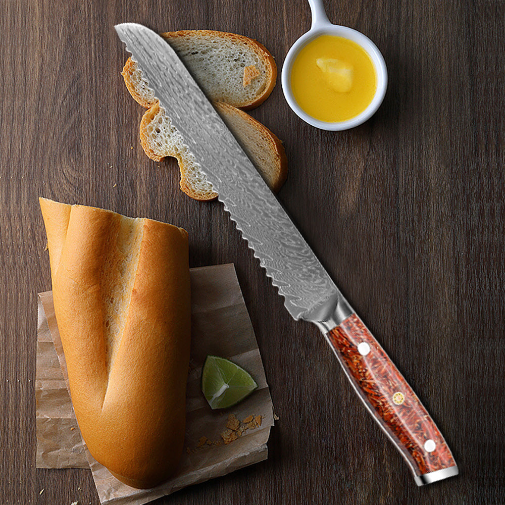 Cuchillo japonés para pan de Damasco de 8 "con mango de cáscara de trigo